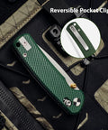 Rockshark EDC Folding Pocket Knife with green Micarta handle and reversible clip on textured fabric