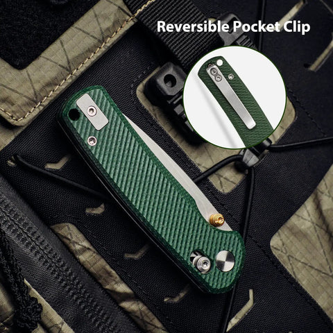 Rockshark EDC Folding Pocket Knife with green Micarta handle and reversible clip on textured fabric