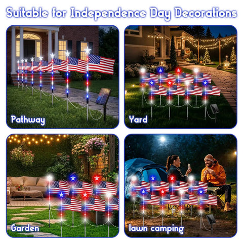 Lit Patriotic Solar Flag Lights For Outdoors, 8 Pack Pathway Stakes With 8 Modes displayed in yard, garden, and camping settings.