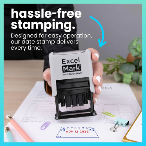 Badass Date Stamp Featuring Custom Text Options And Dual Blue Red Ink With A Legit Gray Mount That Gonna Keep Your Documents Looking Sharp For Years Of Daily Professional Use on paperwork with date marked.