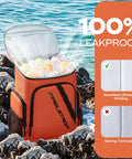 Orange Insulated Cooler Backpack for 36 Cans Keeps Drinks Cold Up To 16 Hours on rocks by sea, showcasing leakproof design.