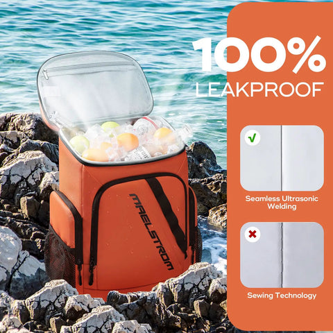 Orange Insulated Cooler Backpack for 36 Cans Keeps Drinks Cold Up To 16 Hours on rocks by sea, showcasing leakproof design.