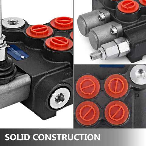 Vevor 2-spool hydraulic directional control valve, black metal body with orange SAE port plugs, dual-acting