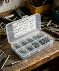 Self Tapping Screws Kit With Pro Grade Organized Storage 800 Pieces M2 Carbon Steel Sheet Metal Screws on workbench