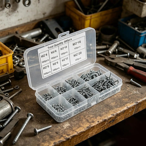 800 Piece Self Tapping Screws Kit M2 Carbon Steel Multi Size Set for Wood Metal and Plastic Projects in organized box on workbench