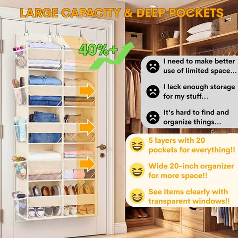 Over The Door Organizer Five Tiers With Ten Compartments Delivers Extra Large Behind Door Storage And A Sturdy 80 Lbs Weight Capacity Super Handy For Closet Dorms Nursery Or Pantry Door Hanging Organizer Beige in use