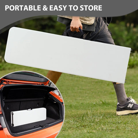 Person carrying a Heavy Duty 6ft Folding Bench With Secure Handle Lock Waterproof Patio Seat set in one hand, easy to store.