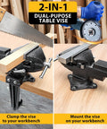 Beefy Heavy Duty 2-In-1 Bench Vise With 3.3 Inch Jaw Width 360 Degree Swivel Base shown clamped and mounted on table