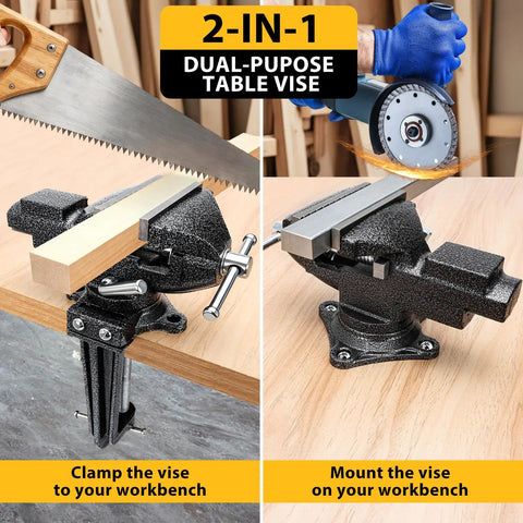 Beefy Heavy Duty 2-In-1 Bench Vise With 3.3 Inch Jaw Width 360 Degree Swivel Base shown clamped and mounted on table