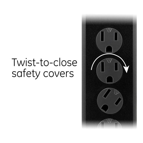 Twist-to-close safety covers on Six Outlet Surge Protector With A 20 Foot Extension Cord For Your Home Office, Workshop Or Garage.