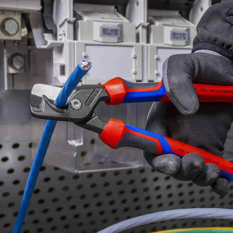 StepCut XL Cable Shears 9 Inch High Leverage cutting thick blue cable with easy grip comfort handles in electrical panel