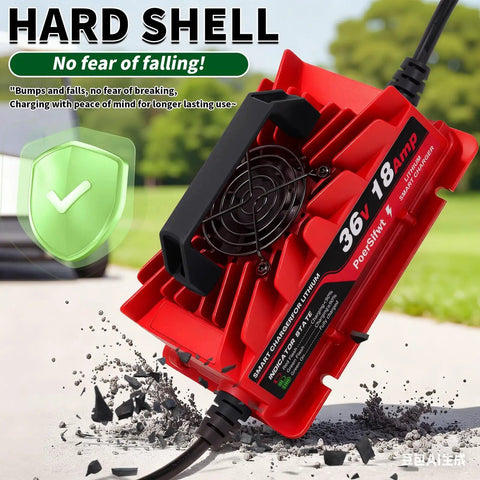 Heavy Duty 43.8V 18A LiFePO4 Battery Charger IP65 Waterproof For 36V Systems with red hard shell and cooling fan.