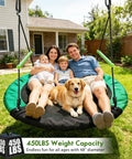 Family with dog enjoying Spacious 48 Inch Saucer Swing For Backyards And Trees The Ultimate Backyard Hangout For All Ages in yard