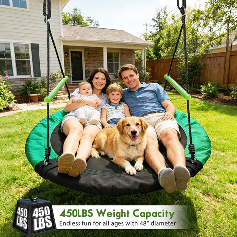 Family with dog enjoying Spacious 48 Inch Saucer Swing For Backyards And Trees The Ultimate Backyard Hangout For All Ages in yard