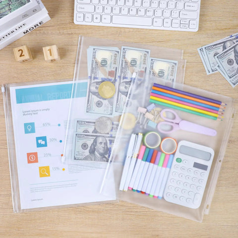 36 Pack Letter Size Binder Pockets With Zipper Pouch Waterproof PVC Pro Grade Document Organizer containing stationery and money