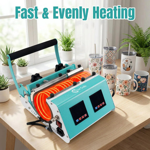 3 in 1 40 Oz Tumbler Heat Press Machine with 110V Dual Control Boxes for sublimation on mugs, teal color on table