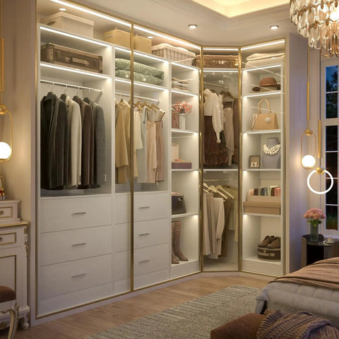Hella Spacious Corner Closet Organizer Featuring Heavy Duty Drawers And Ample Shelving For Big Time Wardrobe Management To Quickly Square Away Your Cluttered Nooks Today, with hanging clothes and shoes.
