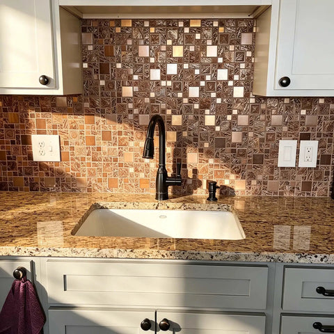 Bronze Brushed Metal Mosaic Tile Set With Resin Texture, Dope Copper Tones, 12x12 Mesh Backing in kitchen backsplash view