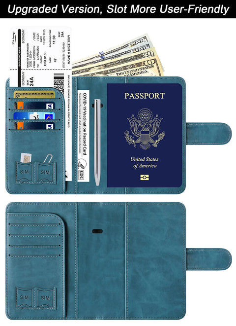 Open view of Durable Blue Leather Passport Holder With AirTag Slot And RFID Blocking Wallet, showing compartments and pen pocket.