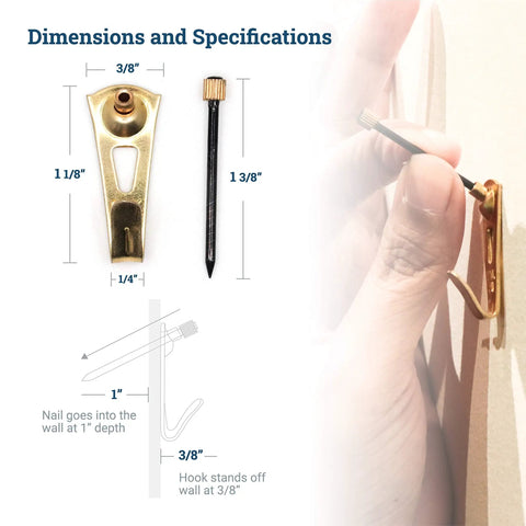 Heavy Duty Picture Hangers For Drywall And Plaster 30 Pound Capacity 25 Pack showing dimensions and installation