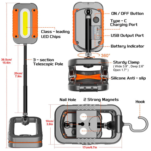Rechargeable Clamp Work Light With 360 Degree Rotation 3000LM LED Portable Lamp With Magnet Clip Telescopic Stand Hook diagram