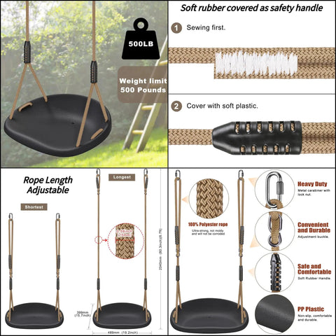Heavy Duty Swing Seat For Adults And Kids With Weatherproof Ropes, Height Adjustable; black PP seat, soft safety handles