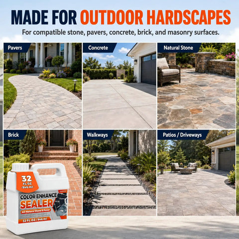 One Gallon Premium Wet Look Stone And Concrete Sealer displayed with outdoor hardscapes showcasing pavers, concrete, brick, and natural stone.