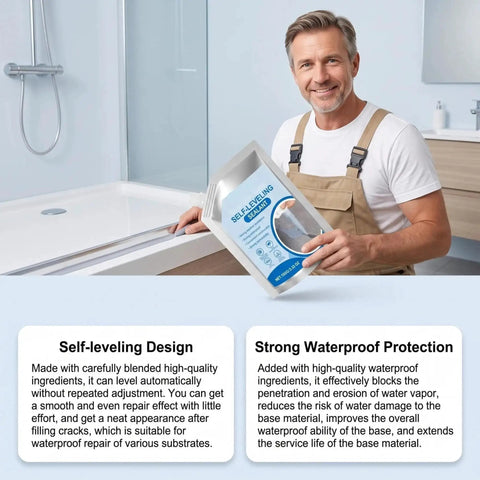 Slick Self Leveling Concrete Crack Filler With Heavy Duty Waterproof Sealant For Walls Floors And Driveways Zero Mess in bathroom used by contractor.