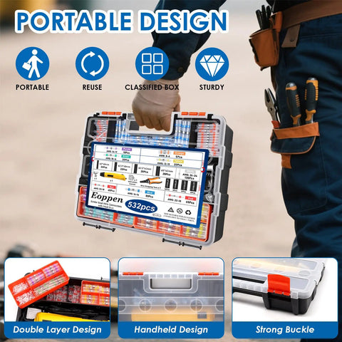 Carrying 532 Piece Heat Shrink Kit With Mini Heat Gun For Wiring, includes connectors and tubing in a sturdy case.