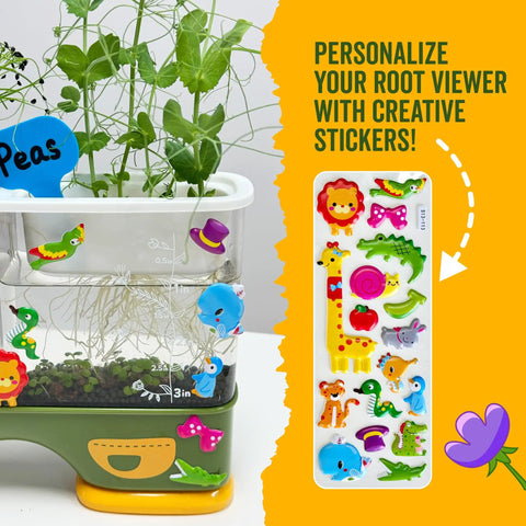 Hands On Kid Friendly Root Viewer Planting Kit With Seeds And Garden Supplies For Home And Classroom STEM Learning Dual Growth Options Soil Or Hydroponic Fun Gifts For Ages 6 And Up with stickers and growing plants.