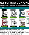 Infographic of 5 plus 6 Qt bowl-lift stand mixer models with compatibility details for Stainless Steel Flat Beater Upgrade Paddle.