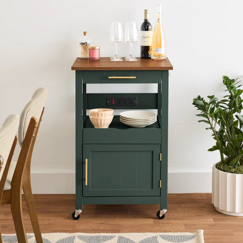 Rolling Kitchen Island Cart With Single Door Cabinet, Drawer, Sliding Tray, Built In Electrical Outlet, Forest Green