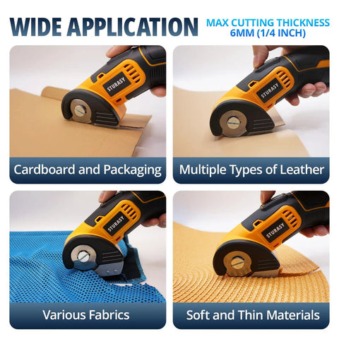 Sturasy Cordless Power Scissors With Safety Lock And Rechargeable Battery cutting cardboard, leather, and various fabrics easily.
