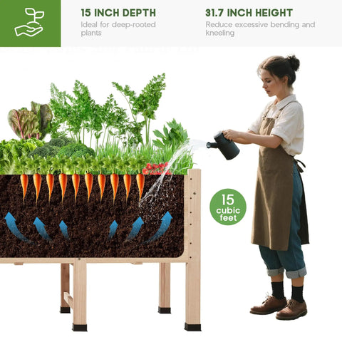 Woman watering a 7x2 Ft Raised Garden Bed With 16 Inch Depth And Legs, Drainage Holes, showing deep-rooted vegetables in soil, elevated design.