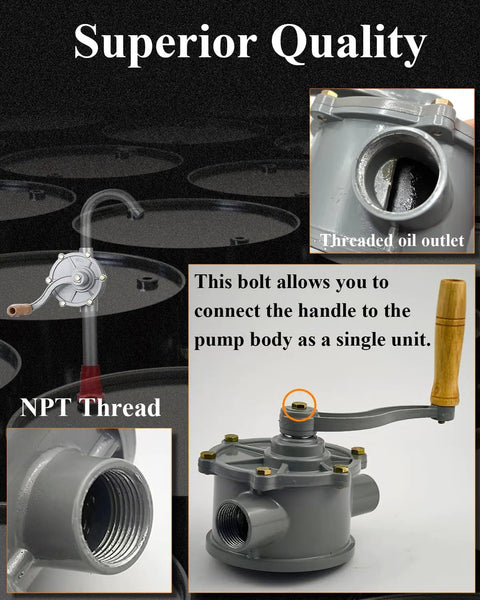 Beefy Rotary Hand Pump For Aluminum Drum Fuel Caddy 30 40 Gallon NPT Thread Inlet One And A Quarter Inch Outlet One Inch Easy No Fuss Manual Fuel Transfer For Gasoline Diesel Portable Oil Pump, threaded outlet