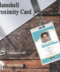 12 Pack T5577 125kHz Proximity Cards Rewritable Clamshell keycard on wooden desk with ID photo and text details