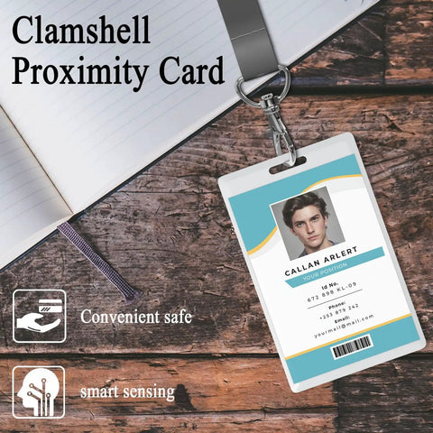12 Pack T5577 125kHz Proximity Cards Rewritable Clamshell keycard on wooden desk with ID photo and text details