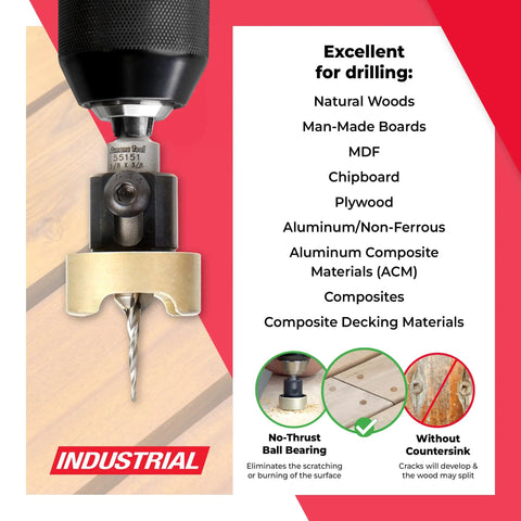 82 Degree Countersink With Tapered Drill Bit And Adjustable Depth Stop For No Marring Woodworking Quick Release Hex Shank Three Eighths Diameter And One Eighth Drill Size Amana Tool showcased with usage instructions and materials list.