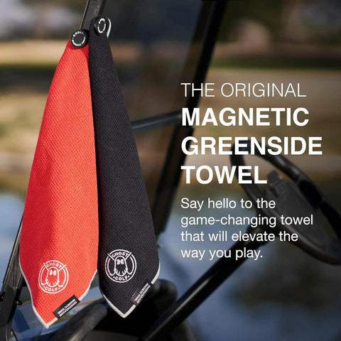 Greenside Magnetic Golf Towel Ultra Absorbent Microfiber Sidekick On The Course With Built In Magnet For Carts Or Clubs 18 By 18 Inches Red Waffle Weave Pattern Premium Golf Gear hanging on a golf cart with text "The Original Magnetic Greenside Towel."