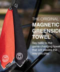 Game Changing Magnetic Microfiber Golf Towel That Snaps Onto Carts Or Wedges For Quick Drying And Divot Fixes While You Crush Drives On The Fairways In Midnight Blue displayed next to a black and red towel on a golf cart.