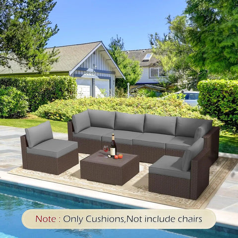 Outdoor Replacement Cushions For Patio Furniture 14 Piece Gray Cushion Set For Six Seat Rattan Wicker Sectional Sofa Water Repellent Cushions For All Weather Patio Decor And Backyard Hangouts shown installed on sectional sofa by a pool.
