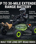 Rider on Electric Go Kart For Adults And Teens, 48V 20Ah Battery, 2000W Motor, showing range and low center gravity, off-road use