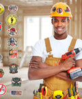 Construction worker wearing helmet with 350 Piece Hard Hat Stickers Set With Funny Vinyl Decals For Tool Boxes And Helmets.