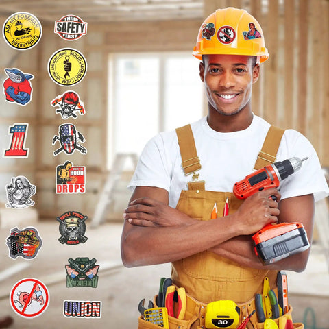 Construction worker wearing helmet with 350 Piece Hard Hat Stickers Set With Funny Vinyl Decals For Tool Boxes And Helmets.