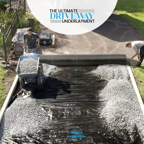Heavy Duty Geotextile Fabric For Driveway Stabilization And Rock Solid Road Base Reinforcement Woven Polypropylene in use for gravel support installation.