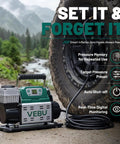 Heavy Duty 12V Rv Air Compressor And Tire Inflator With Auto Shut Off Rapid Digital Display Preset And Corded Electric Mount near tire on rugged terrain.