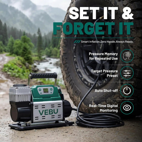 Heavy Duty 12V Rv Air Compressor And Tire Inflator With Auto Shut Off Rapid Digital Display Preset And Corded Electric Mount near tire on rugged terrain.