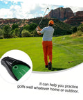 Golfer swinging on course with inset of Indoor Golf Putting Cup Auto Return System For Home Office Practice, No Cords