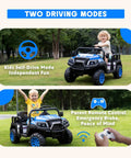Child driving a 24V 4 Seater Electric Ride On Car With Parent Remote, 4 Wheel Suspension, in a park setting.