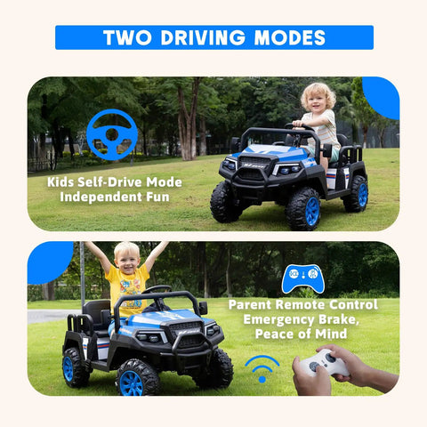 Child driving a 24V 4 Seater Electric Ride On Car With Parent Remote, 4 Wheel Suspension, in a park setting.